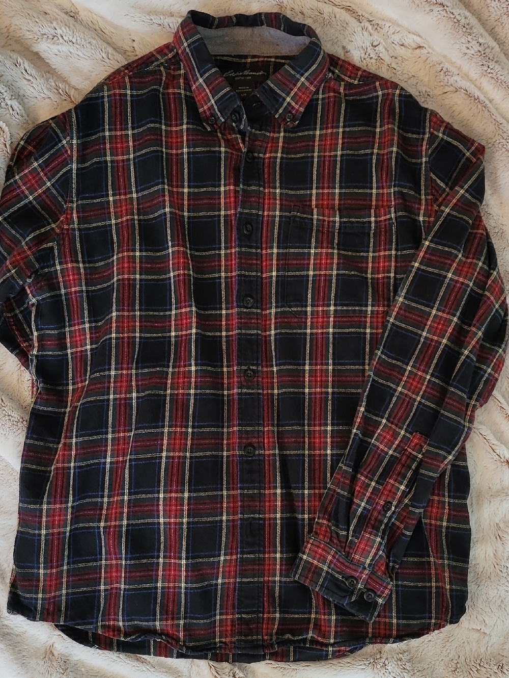 Eddie Bauer Red and Navy Plaid Button-Down Shirt